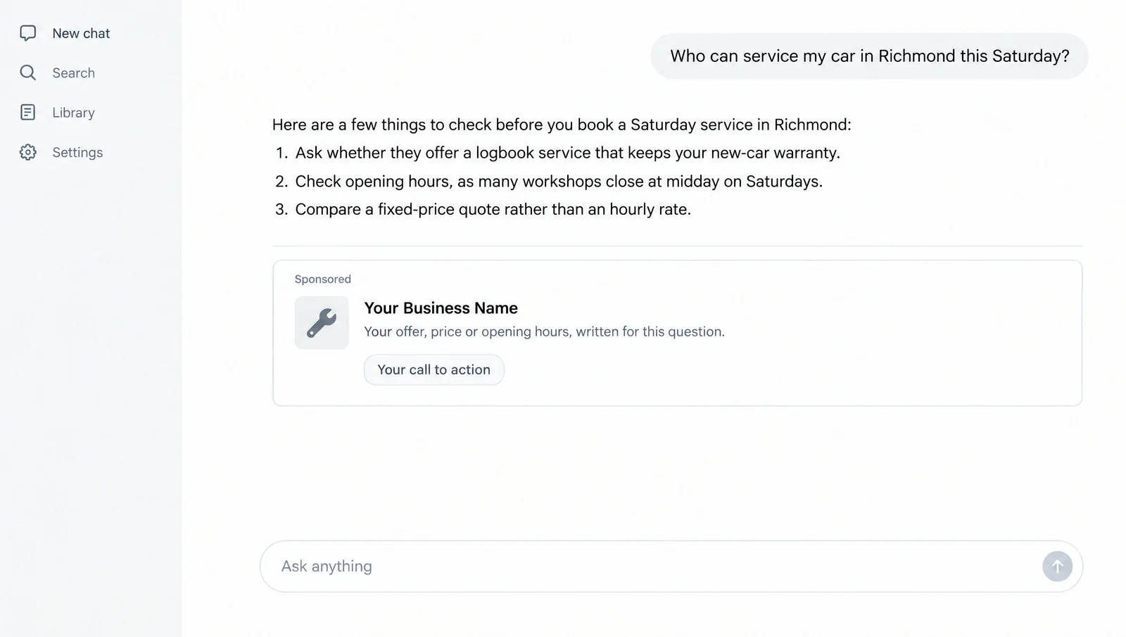 Illustration of a ChatGPT-style answer about car servicing, with a card labelled Sponsored underneath showing a business name, a one-line offer and a button