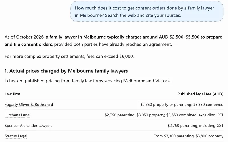 ChatGPT answer to what consent orders cost in Melbourne, listing Fogarty Oliver & Rothschild first with the fixed fees from its website