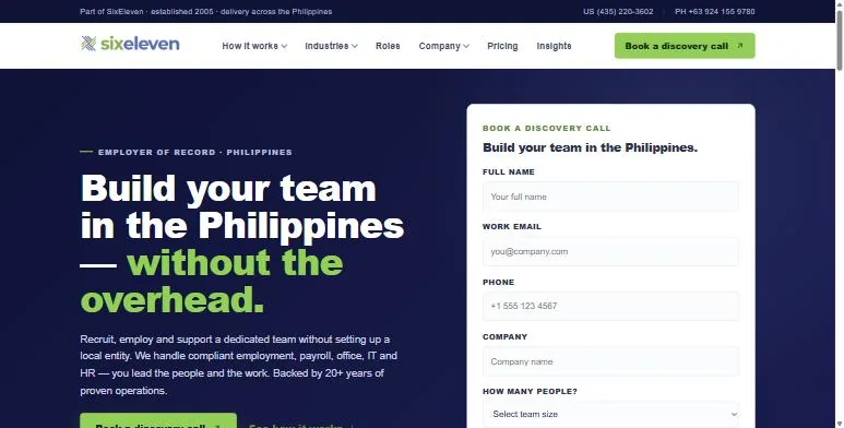 611 Global homepage presenting Employer of Record services alongside the discovery call form