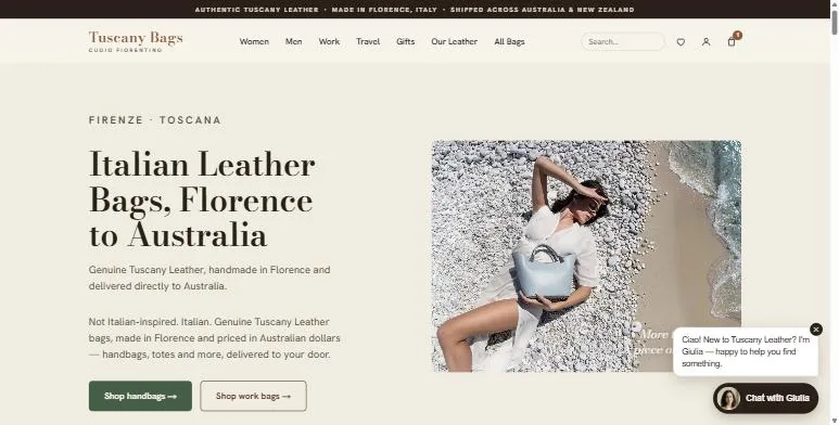 Tuscany Bags Australia homepage showing the Italian leather range and shop entry points