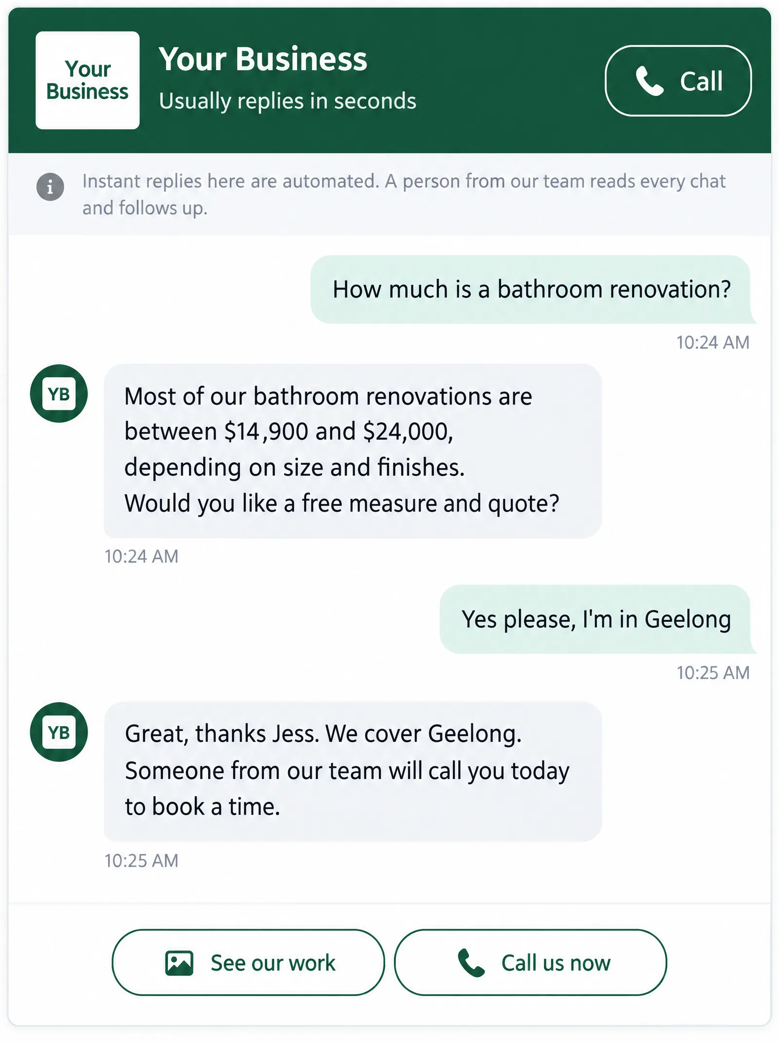An example chat conversation about the cost of a bathroom renovation, ending with the business arranging a call back