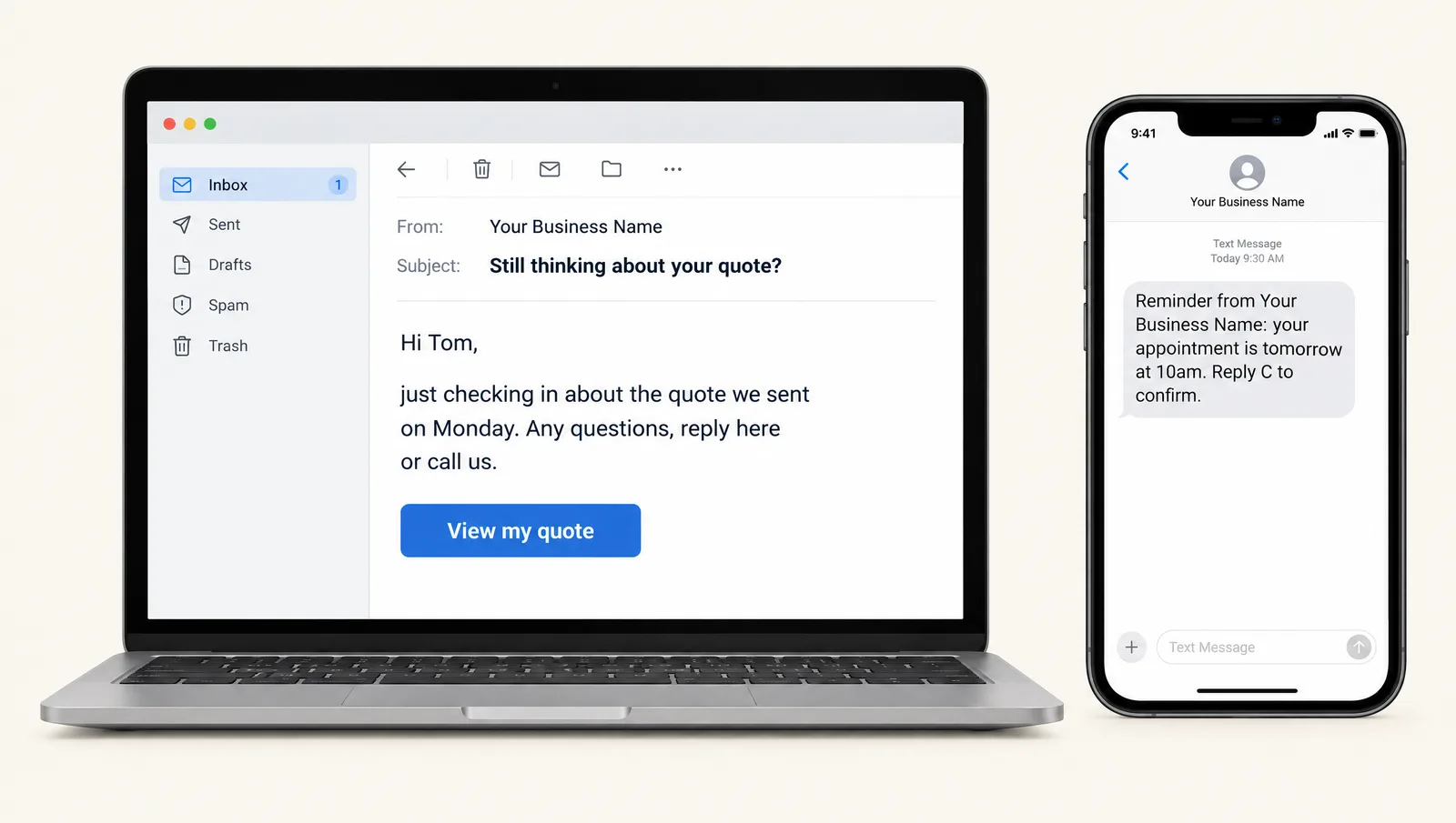 A laptop showing a quote follow-up email and a phone showing an appointment reminder text message