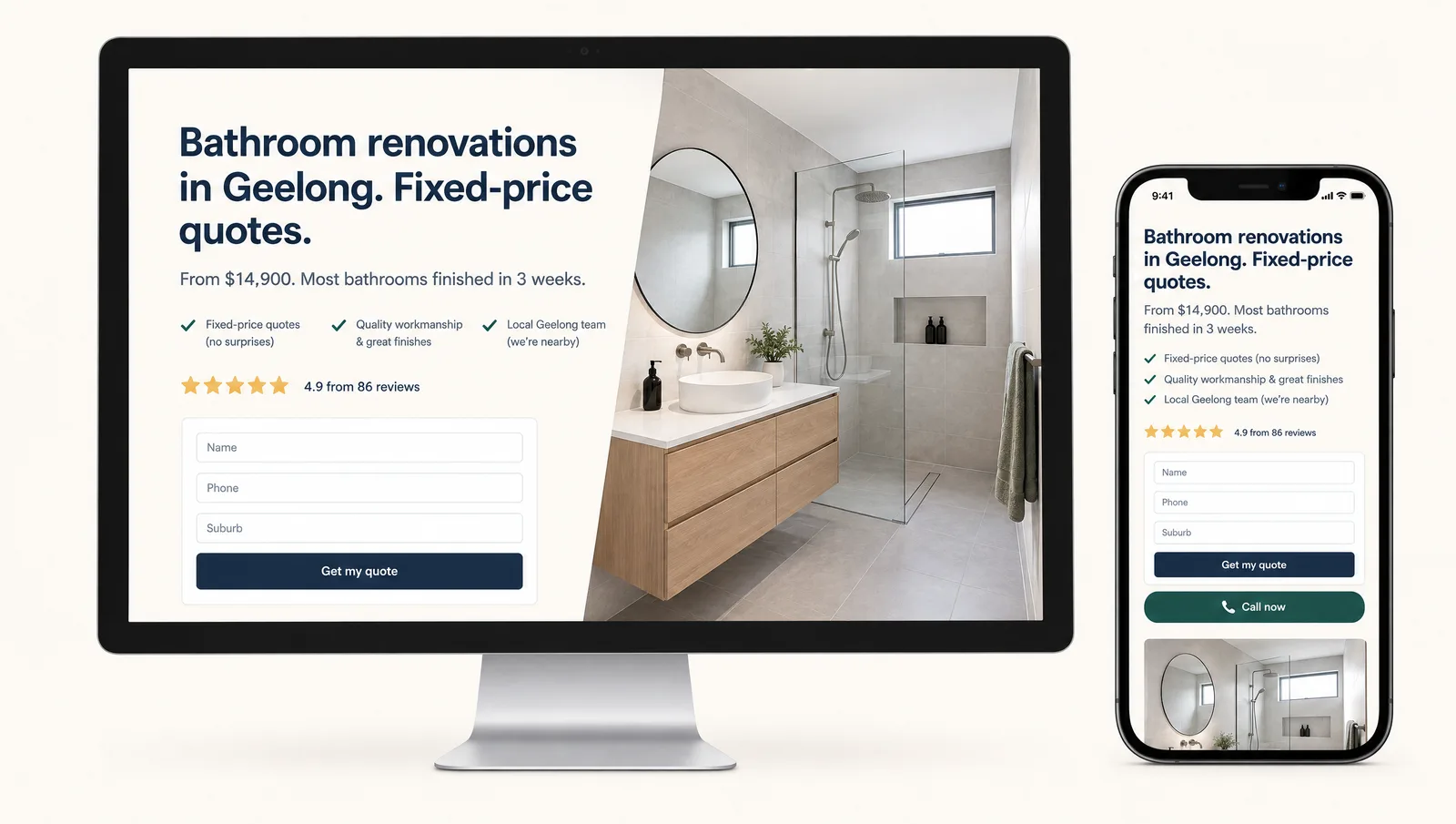 A landing page for bathroom renovations shown on a desktop and a phone, with a headline, price, star rating, short form and call button