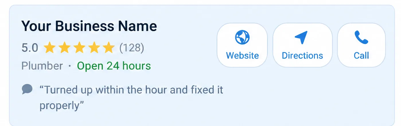 A local map search result for a plumber, showing rating, opening hours, a review snippet and Website, Directions and Call buttons