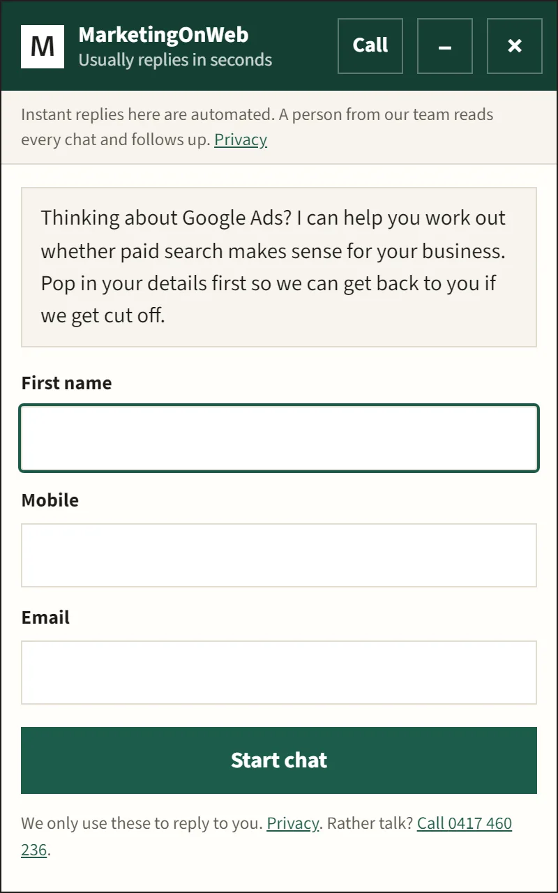 The MarketingOnWeb website chat: a note that replies are automated and a person follows up, then fields for first name, mobile and email and a Start chat button