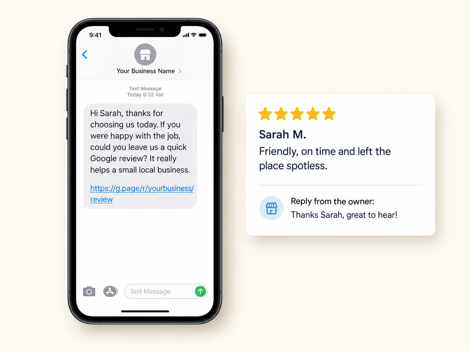 A text message asking a customer for a Google review, next to a five-star review with the owner's reply