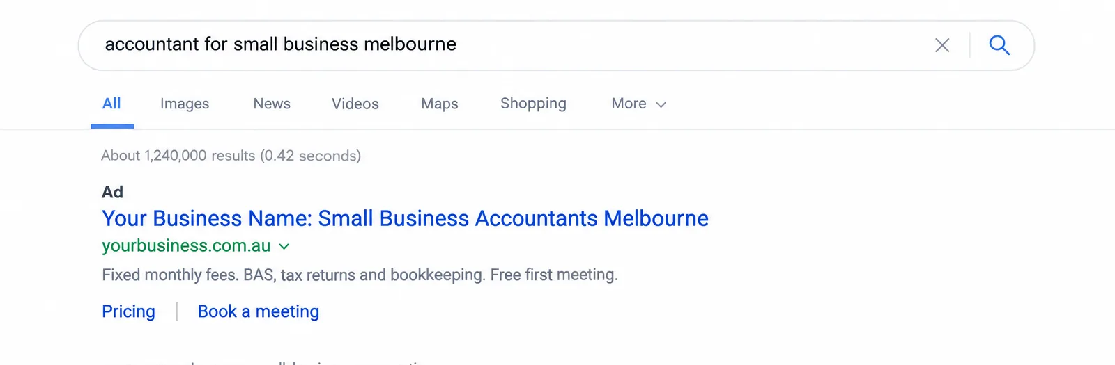 A search results page with a sponsored ad for a small business accountant at the top, with two sitelinks