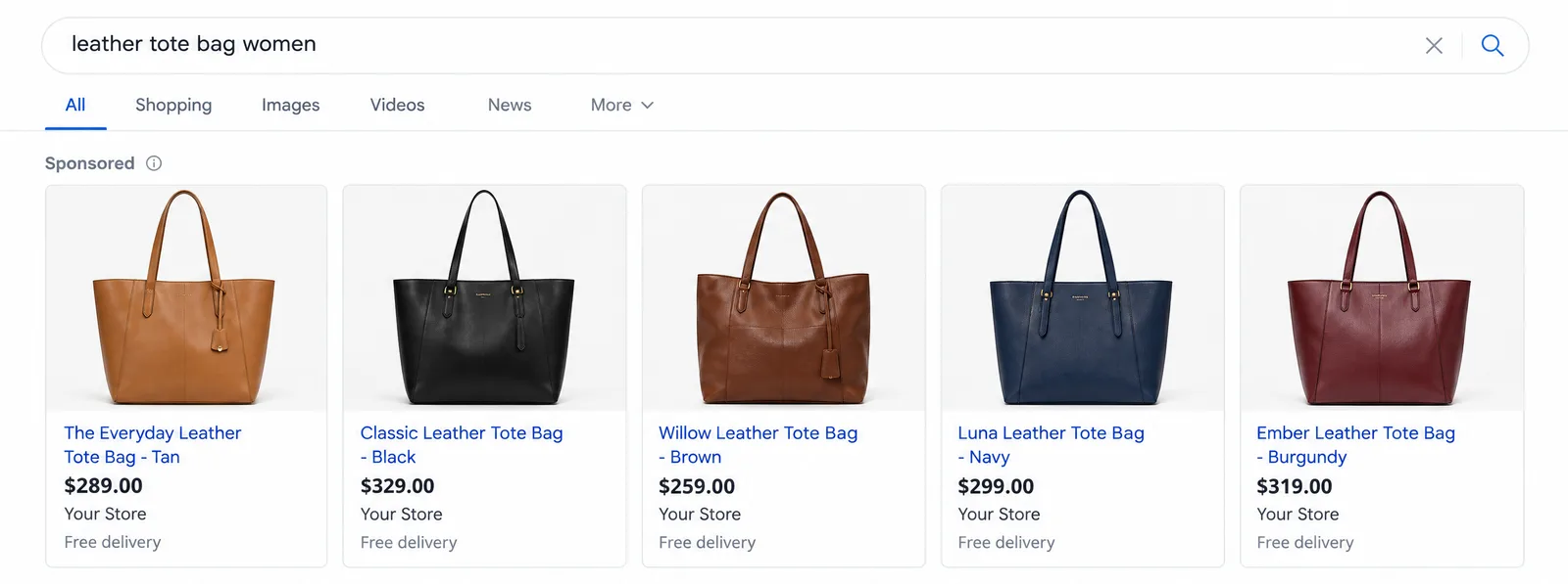 A row of sponsored product listings for leather tote bags with photos and prices in Australian dollars