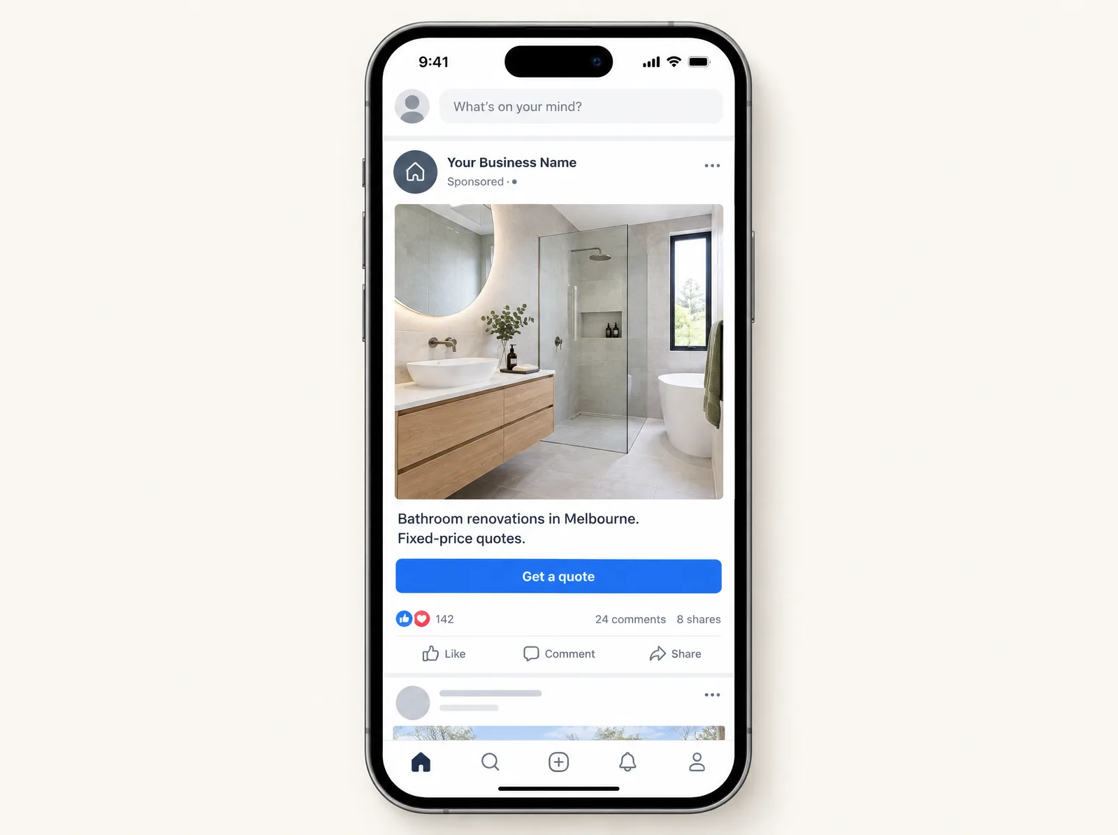 A phone showing a social media feed with a sponsored post for bathroom renovations and a Get a quote button